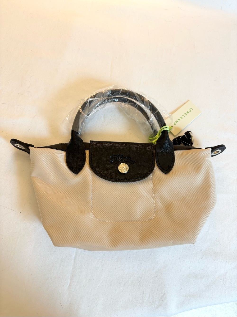 Longchamp Le Pliage mini Handbag in Beige with Black Trim - Picture 2 of 8